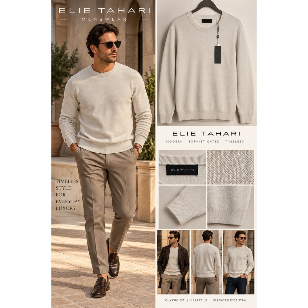 Elie Tahari Mens Crew Neck Sweater Off White Textured Knit Long Sleeve NWT L